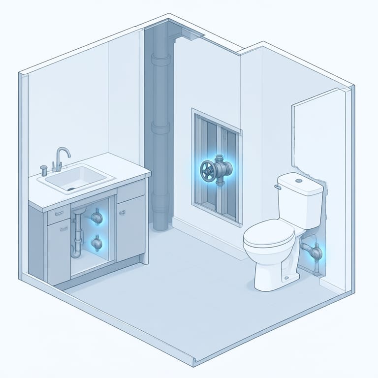 Cutaway diagram of an apartment unit showing water shutoff points: oval fixture supply valves under a sink and toilet, the unit shutoff behind an access panel, and the building riser marked as maintenance-only