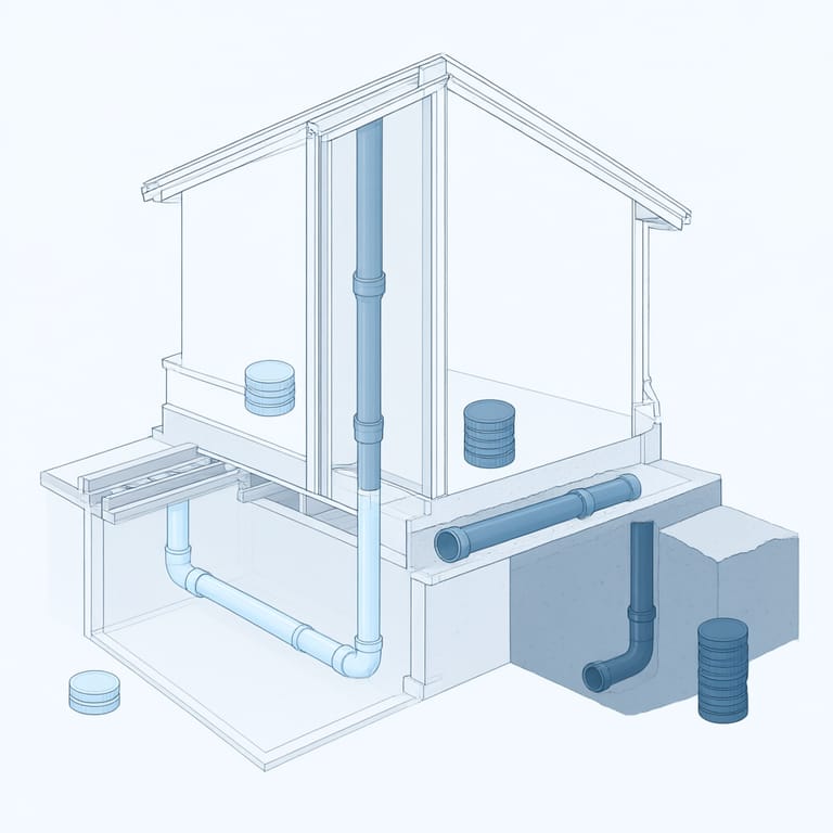 Cutaway diagram of a house marking burst pipe repair access points by cost: open basement run at the low end, finished wall and under-slab lines at the high end, buried yard line the most expensive