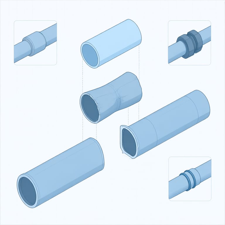 Technical diagram of a burst pipe repair: the damaged section cut out with margin on each side and a new length spliced in, with soldered, press, and PEX crimp fitting options labeled