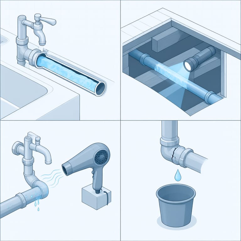 Numbered schematic of the first-hour response to a frozen pipe: open the affected faucet, trace the line through cold spaces, apply gentle heat from the faucet side, watch for leaks