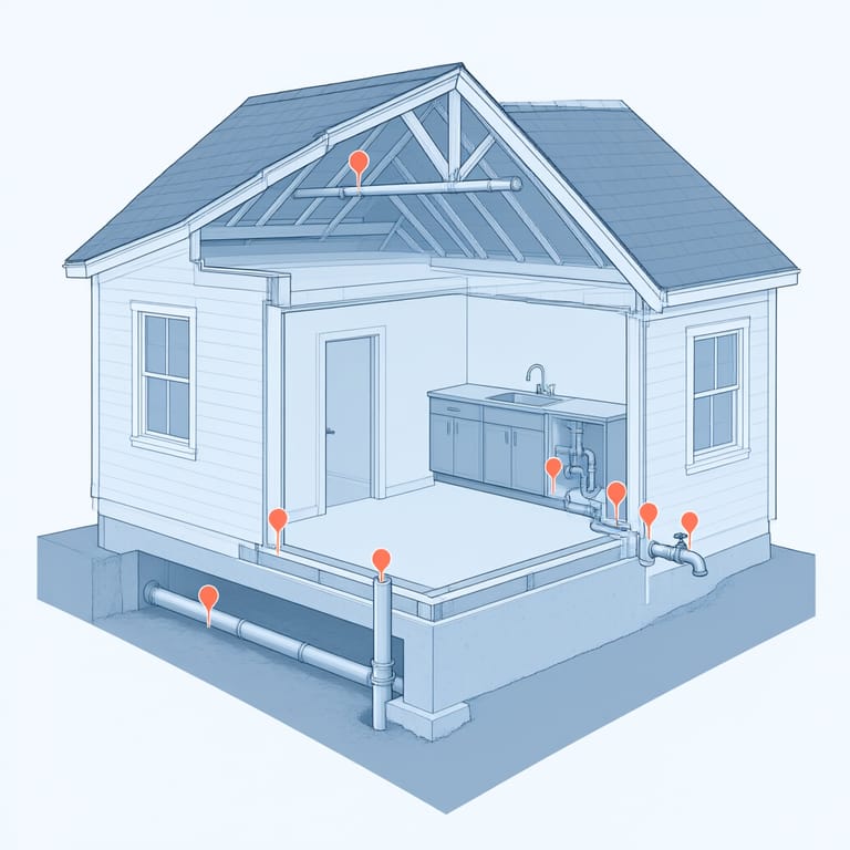 Cutaway house diagram marking common pipe-freeze points: crawl space, rim joist, exterior-wall sinks, attic, main entry, hose bib