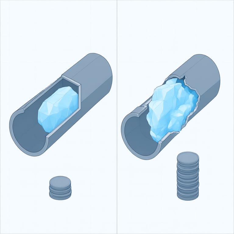 Side-by-side diagram of a copper pipe with an internal ice plug labeled $100 to $200 professional thawing, and the same pipe split open by ice expansion labeled $200 to $3,000 repair