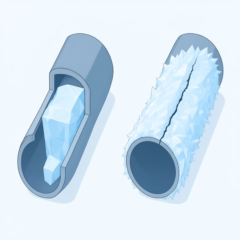 Cross-section illustration of a copper pipe with an ice plug narrowing the bore, next to the same pipe with a hairline split hidden under frost
