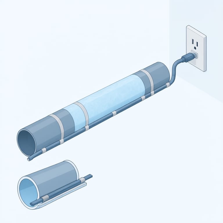 Technical diagram of self-regulating heat cable laid along the bottom of a water pipe past both ends of the frozen section, secured with fiberglass tape and plugged into a GFCI outlet