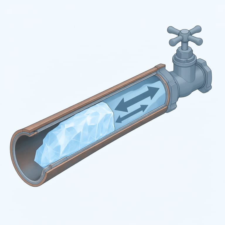 Cutaway technical illustration of a residential water pipe with an ice blockage, arrows showing pressure building between the ice plug and a closed faucet