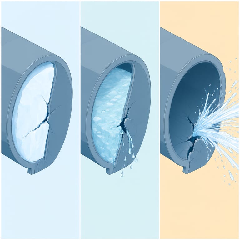 Three-panel diagram of a frozen pipe with a hidden split: sealed by ice with no leak, beginning to thaw, then leaking at full line pressure once the ice plug melts
