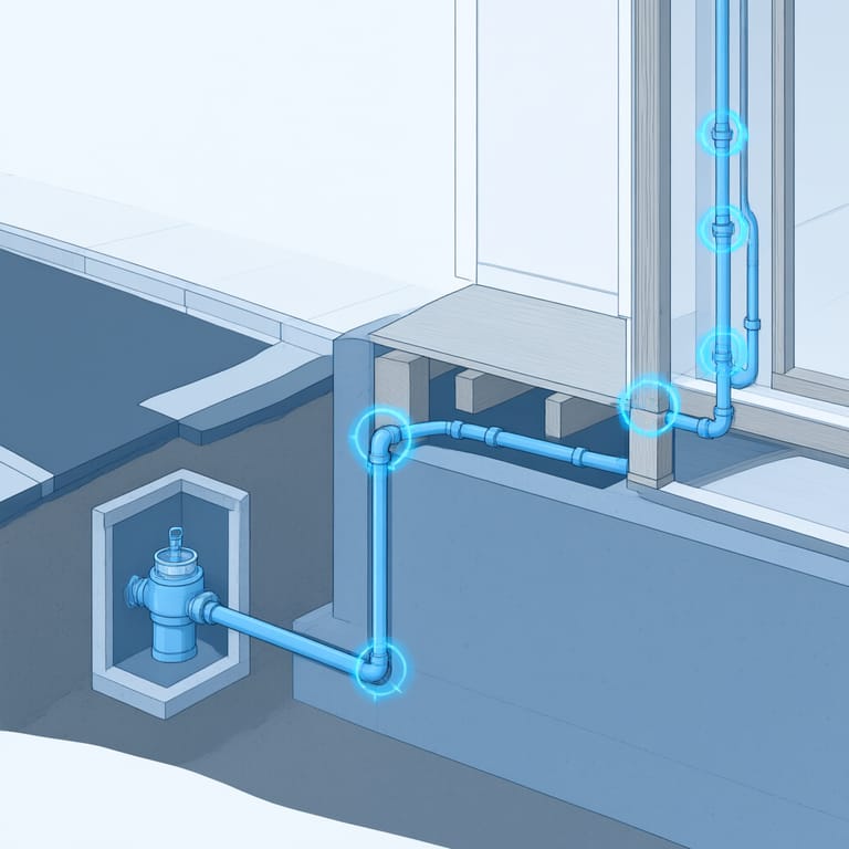 Cutaway diagram of a house water service line marking common freeze points: meter pit, riser at the foundation, crawl-space run, rim joist, and exterior-wall branch lines