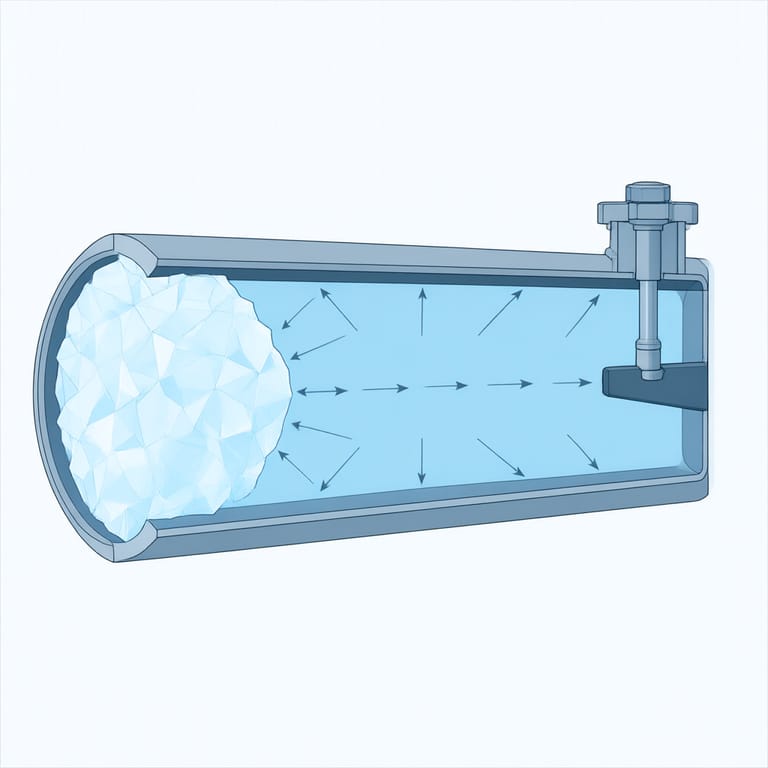 Pipe cross-section diagram: an ice plug seals the line and pressure builds in trapped water between the ice and the closed faucet