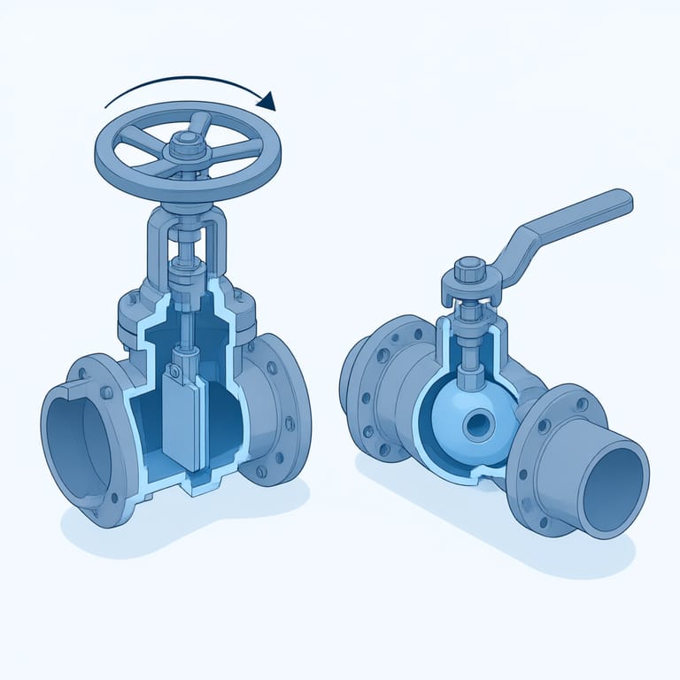 Technical diagram of two main water shutoff valve types: a round-handle gate valve turned clockwise to close, and a lever-style ball valve quarter-turned so the handle sits across the pipe