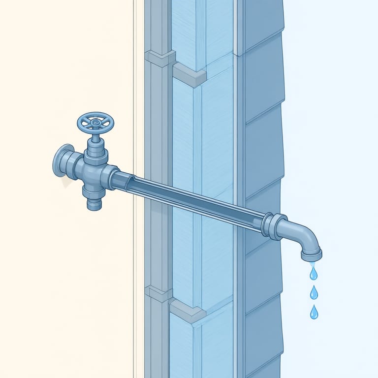 Cross-section diagram of an outdoor hose bib through an exterior wall, showing the interior shutoff valve, bleeder cap, and downward drain slope