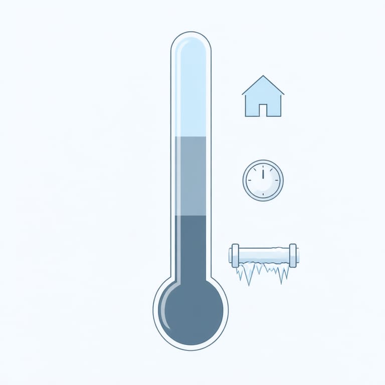 Chart of outdoor temperature bands for pipe freeze risk, marking the 28-degree caution zone, the 20-degree alert threshold, and the 55-degree indoor thermostat floor