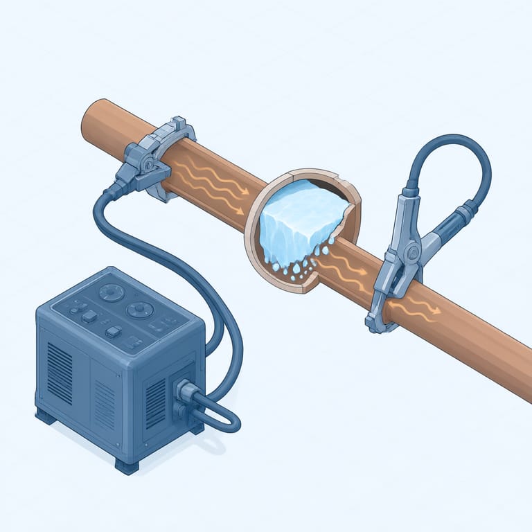 Diagram of an electric pipe-thawing machine clamped to both ends of a frozen copper pipe, with arrows showing low-voltage current warming the ice plug from within