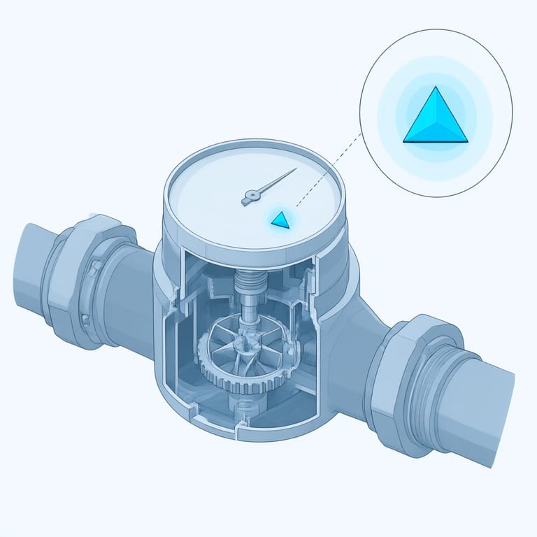 Diagram of a residential water meter face highlighting the low-flow leak indicator triangle, illustrating the five-minute meter test with every fixture shut off