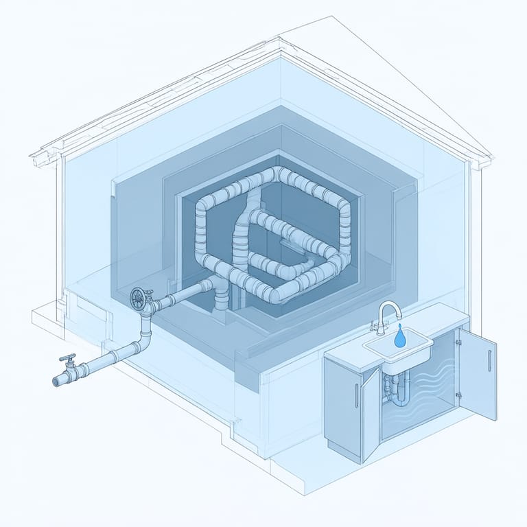 House cross-section diagram showing three layers of pipe freeze defense: permanent insulation and heat cable, fall shutoff-and-drain chores, and cold-snap tactics like dripping faucets